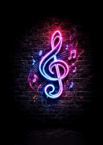 Neon Treble Clef on Brick Wall