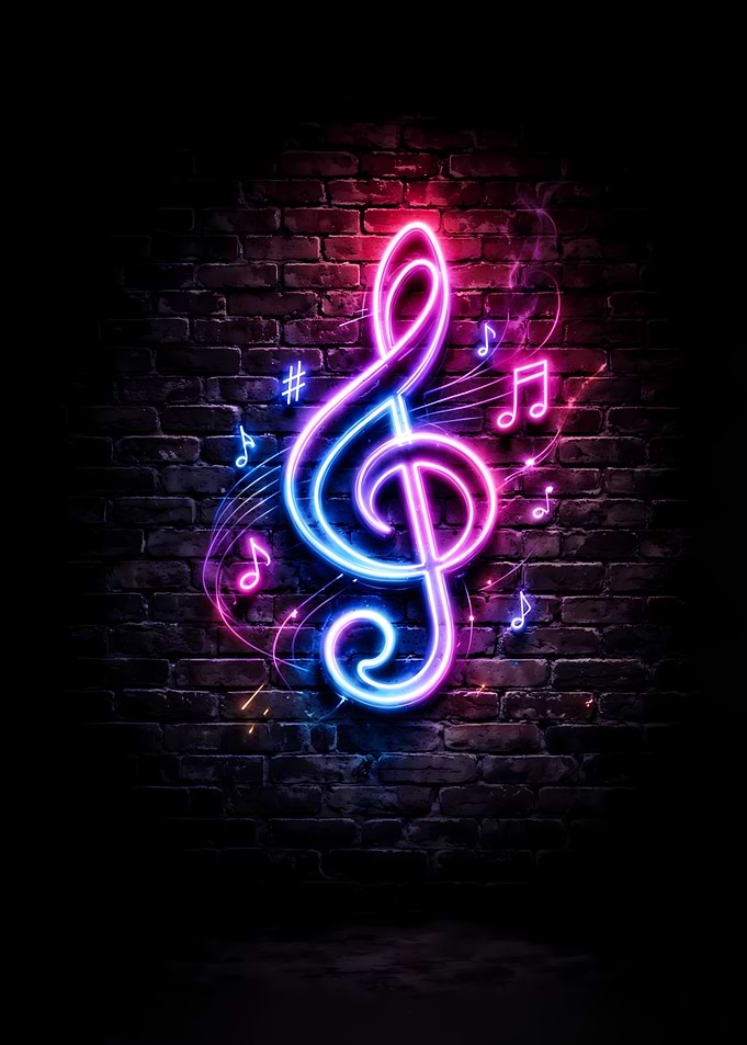 Neon Treble Clef on Brick Wall