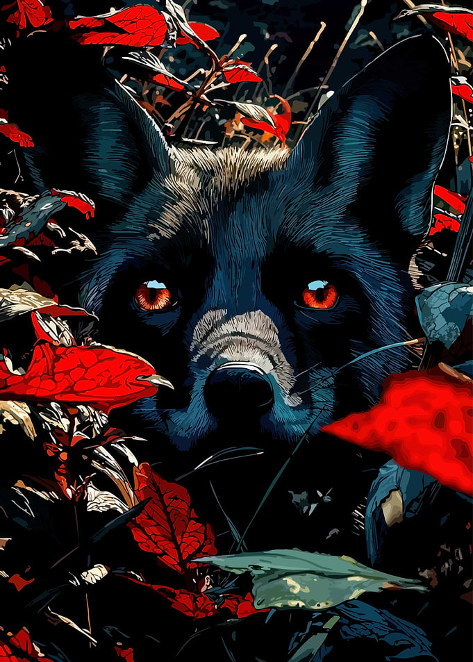 Black Fox with Fiery Eyes in Autumn Leaves