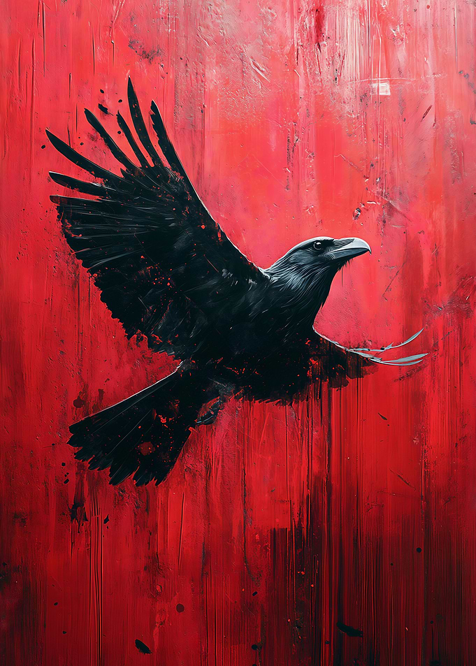 Black Raven in Flight on Red Background