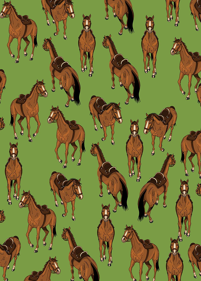 Seamless Pattern of Brown Horses with Saddles