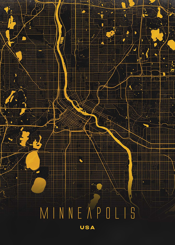 Minneapolis, Minnesota - Golden Lakes and Mississippi River City Streets, USA Map Poster