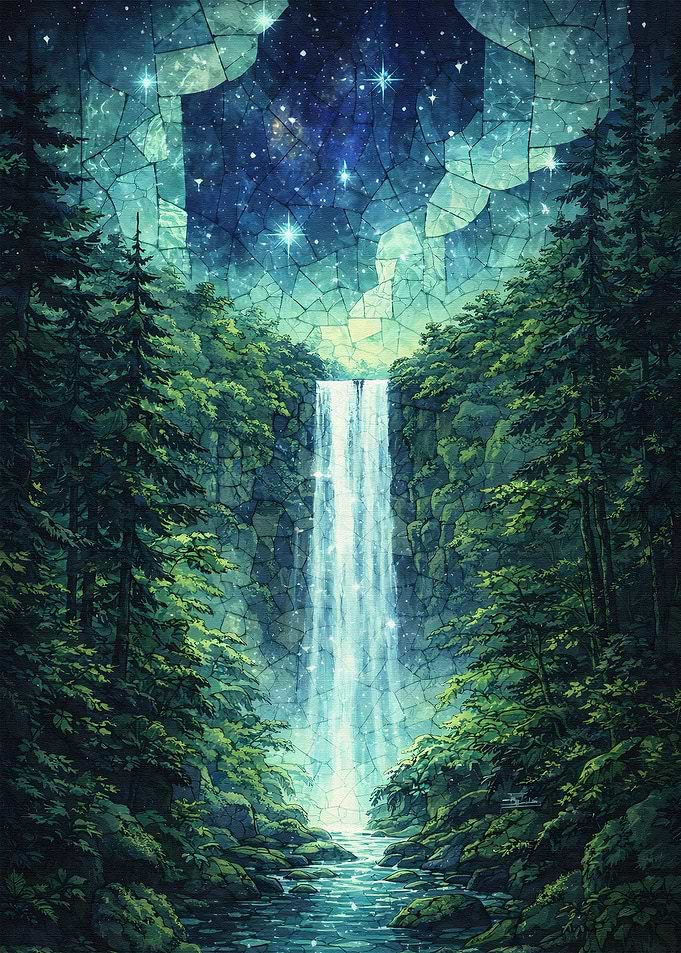 Enchanted Waterfall Under a Starry Sky
