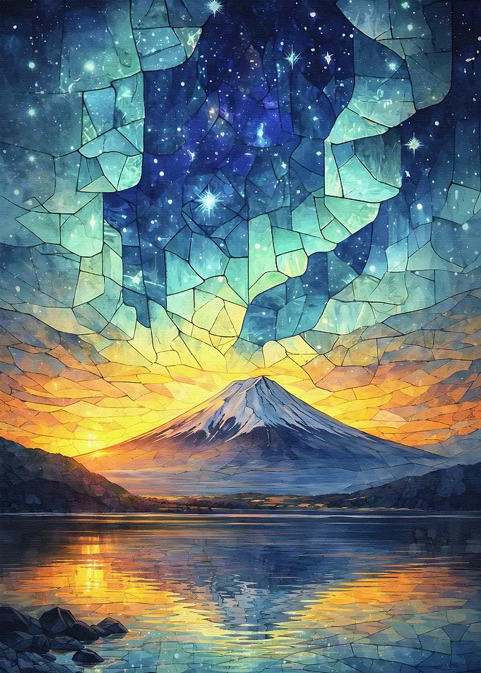 Mount Fuji at Sunset with Starry Sky