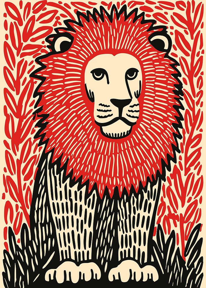 Stylized Lion with Red Mane and Foliage