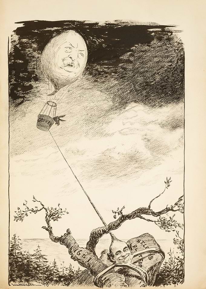 Caricature of a man in a balloon