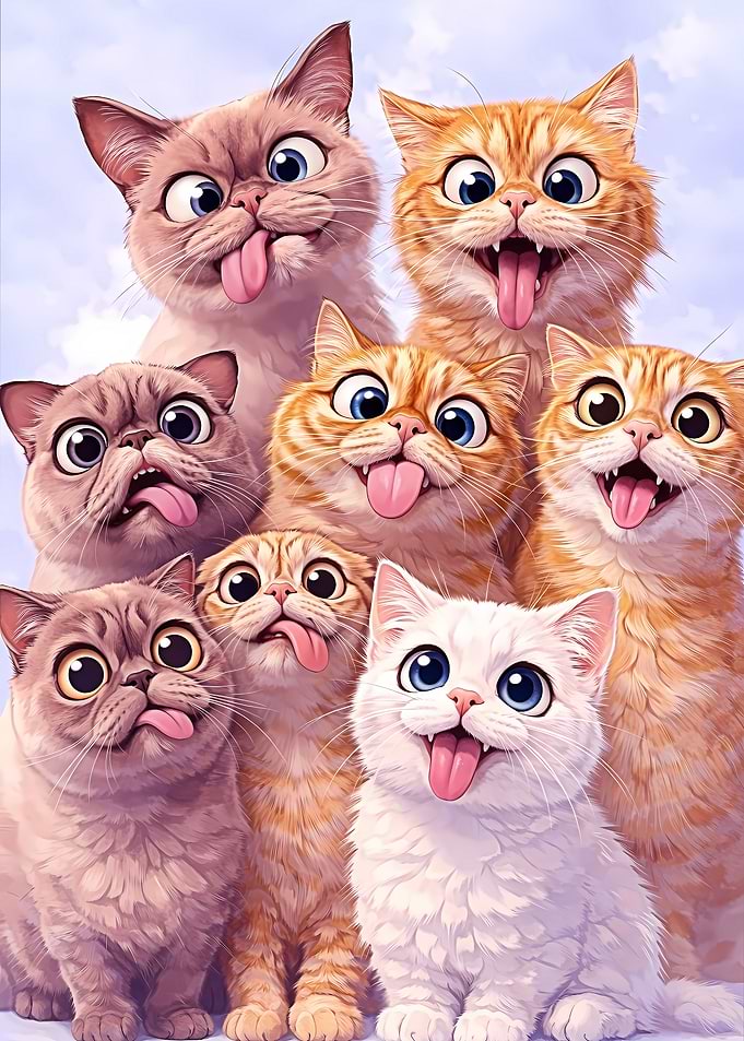 Group of Goofy Cats with Tongues Out