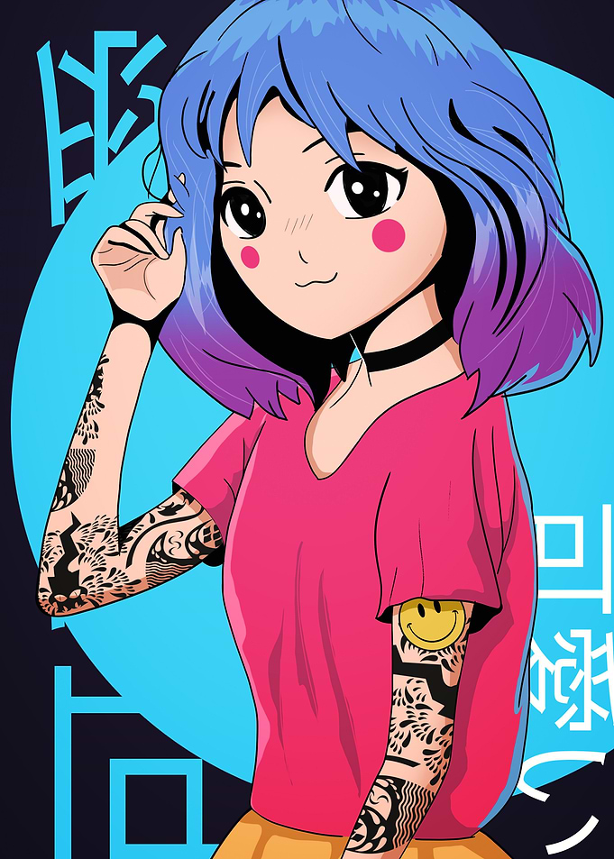 Anime Girl with Tattoos and Blue Hair