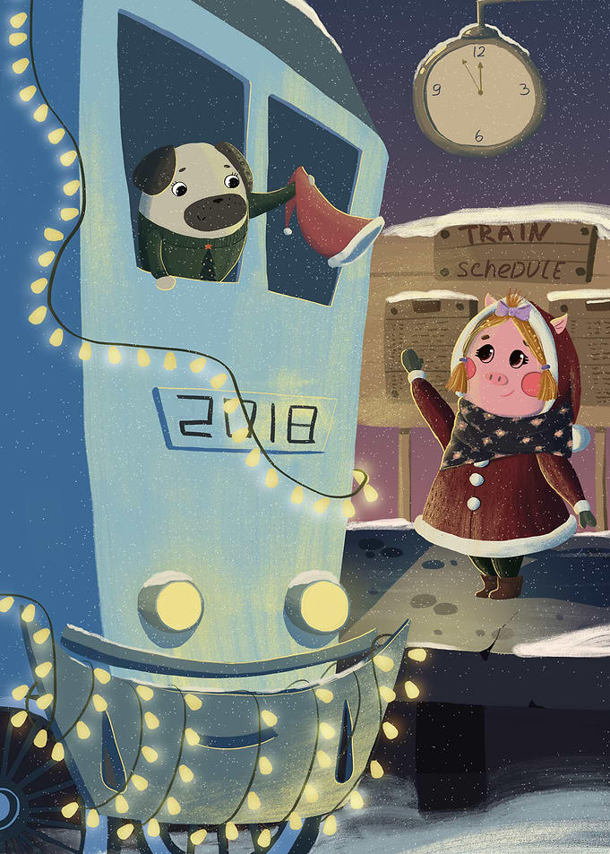 Cute animals at a snowy train station