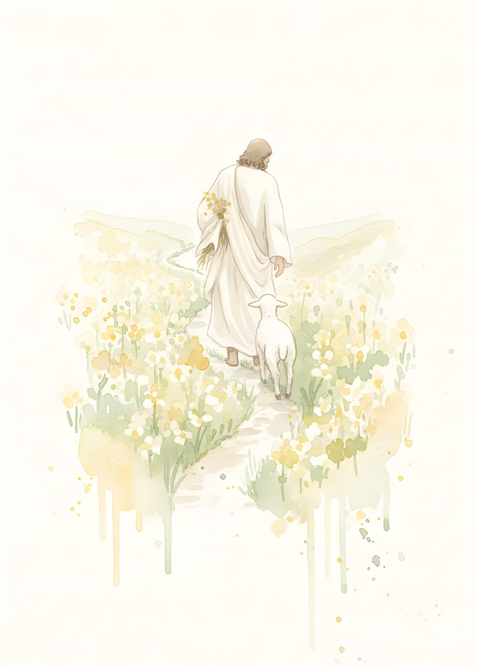 Jesus walking with a lamb