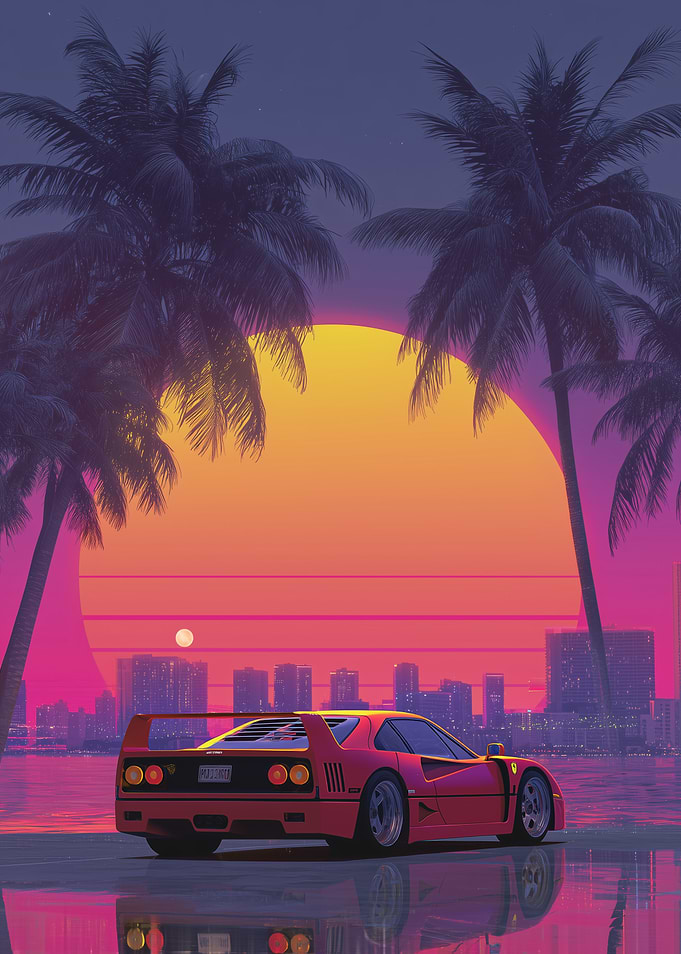 Retro Sunset Car and Palm Trees