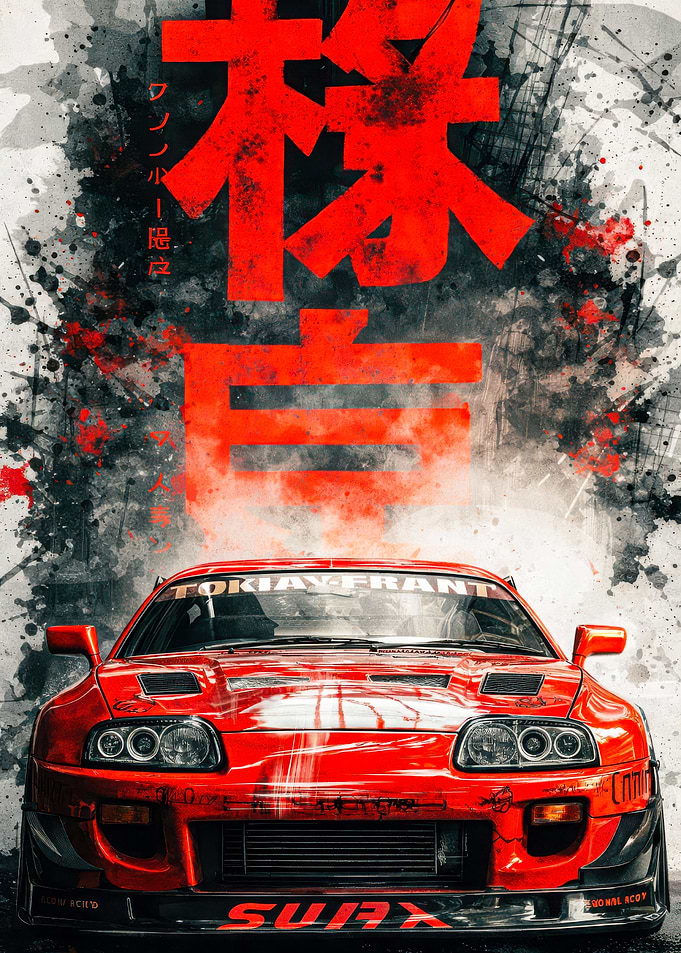 Red Toyota Supra with Japanese Text