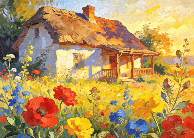 Impressionist Painting of a Cottage in a Flower Field