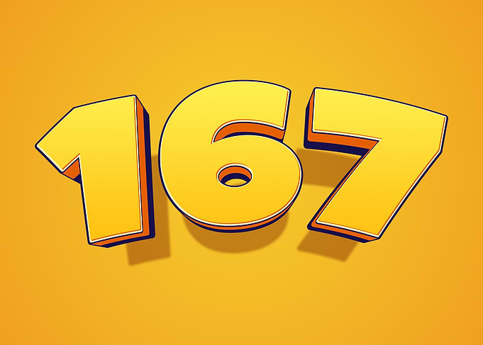 Number 167 in 3D Yellow Font