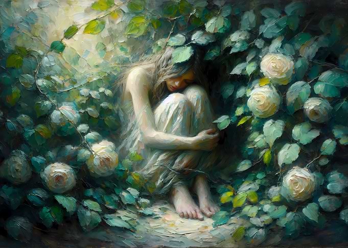 Sad Woman in a Rose Garden