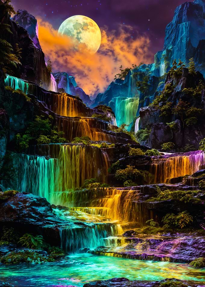 Neon Fantasy Waterfall Under Moon