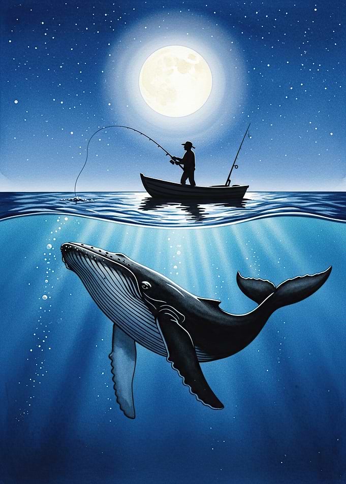 Fisherman and Whale Under the Moon