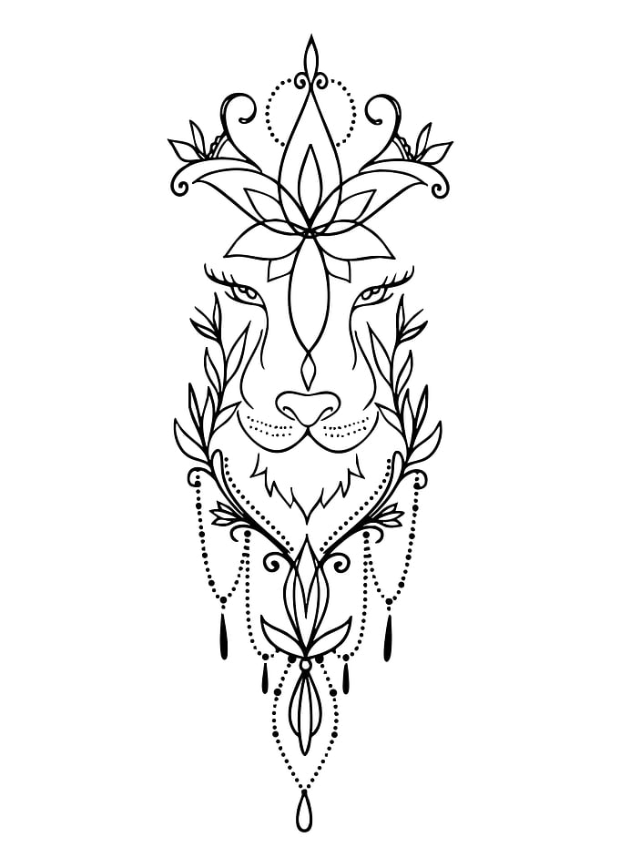 Lion Head Floral Tattoo Design