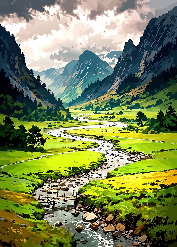 Serene Mountain Valley with Winding River