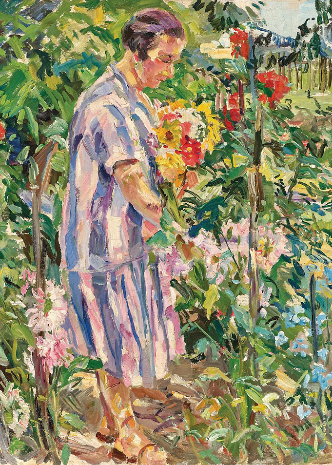 Woman in Garden with Flowers