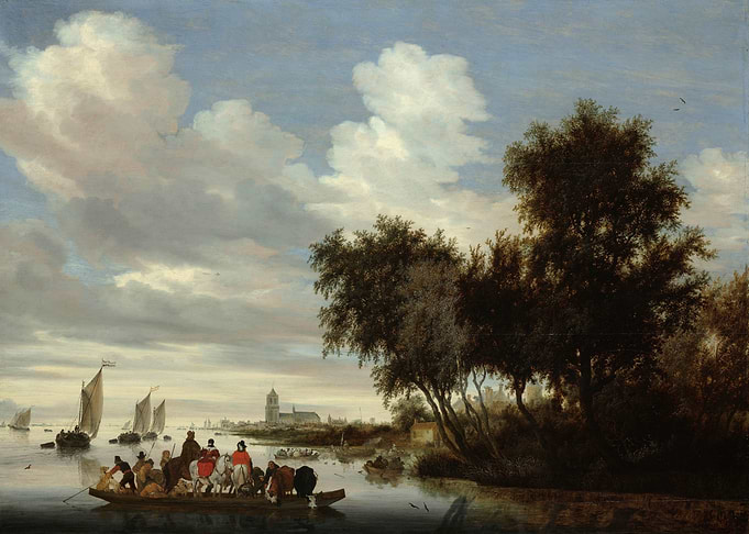 Ferry crossing a river with sailboats