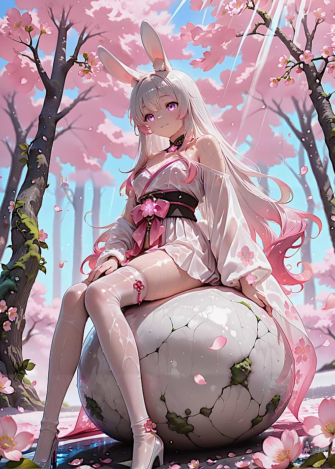 Anime Bunny Girl in Cherry Blossom Forest