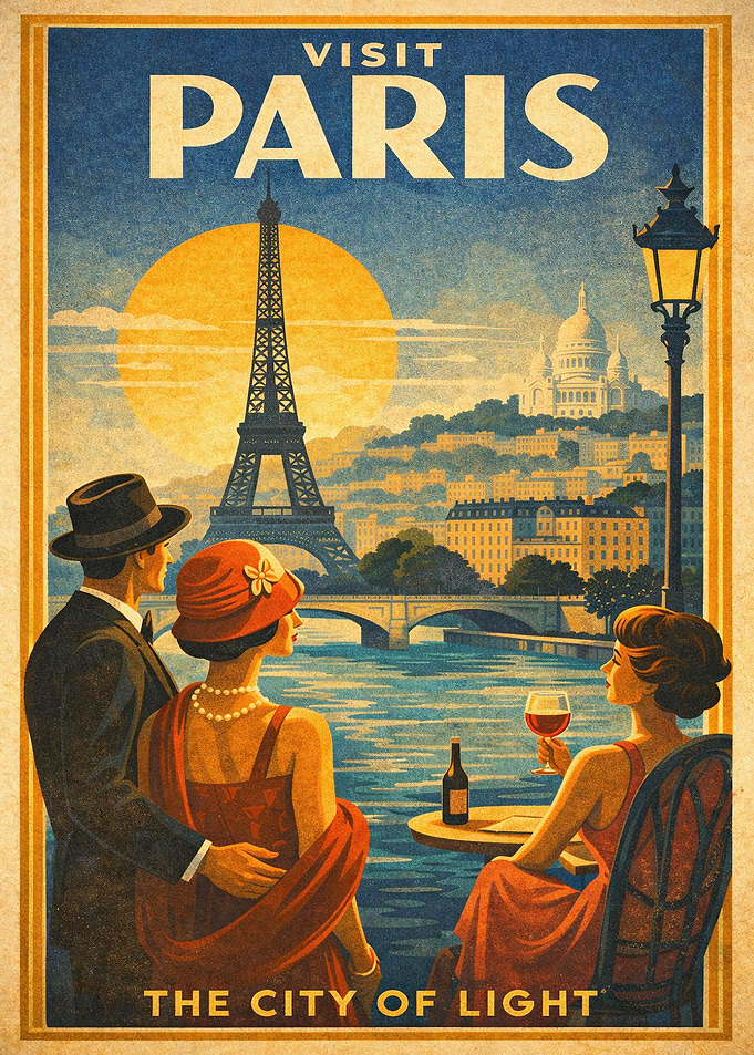Visit Paris City of Light Vintage Poster