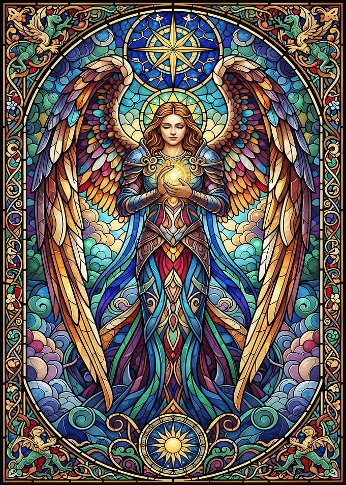 Stained Glass Angel with Glowing Orb