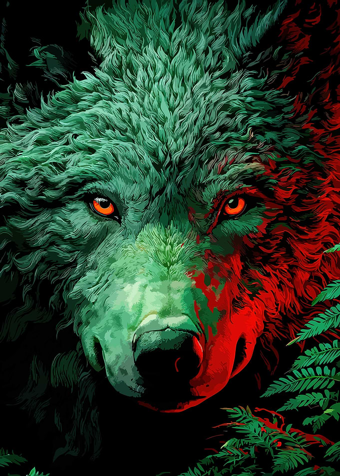 Green and Red Wolf Portrait