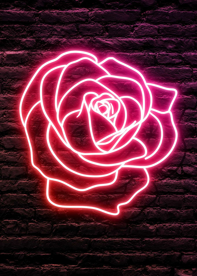 Neon Red Pink Rose on a dark Brick Wall background