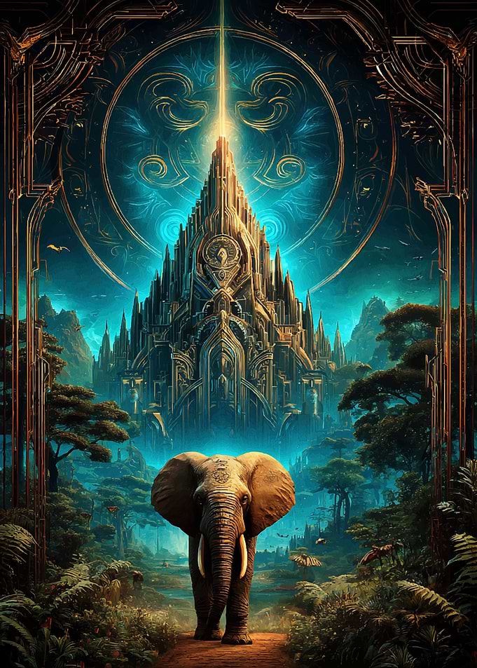 Elephant before a fantasy city