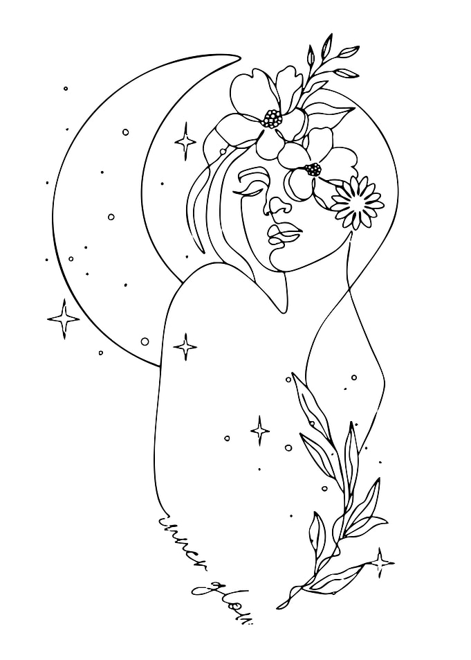 Line Art Woman with Flowers and Moon