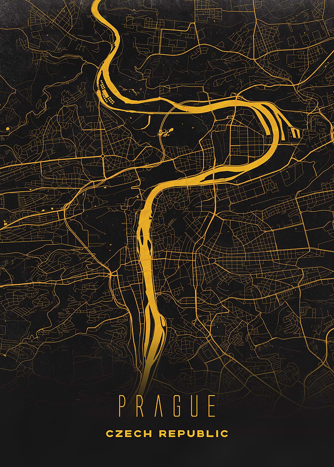 Prague, Czech Republic - Golden City Streets Map, Wall Art