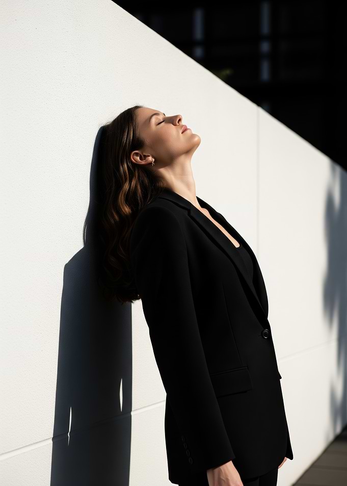Woman in black suit leaning against wall