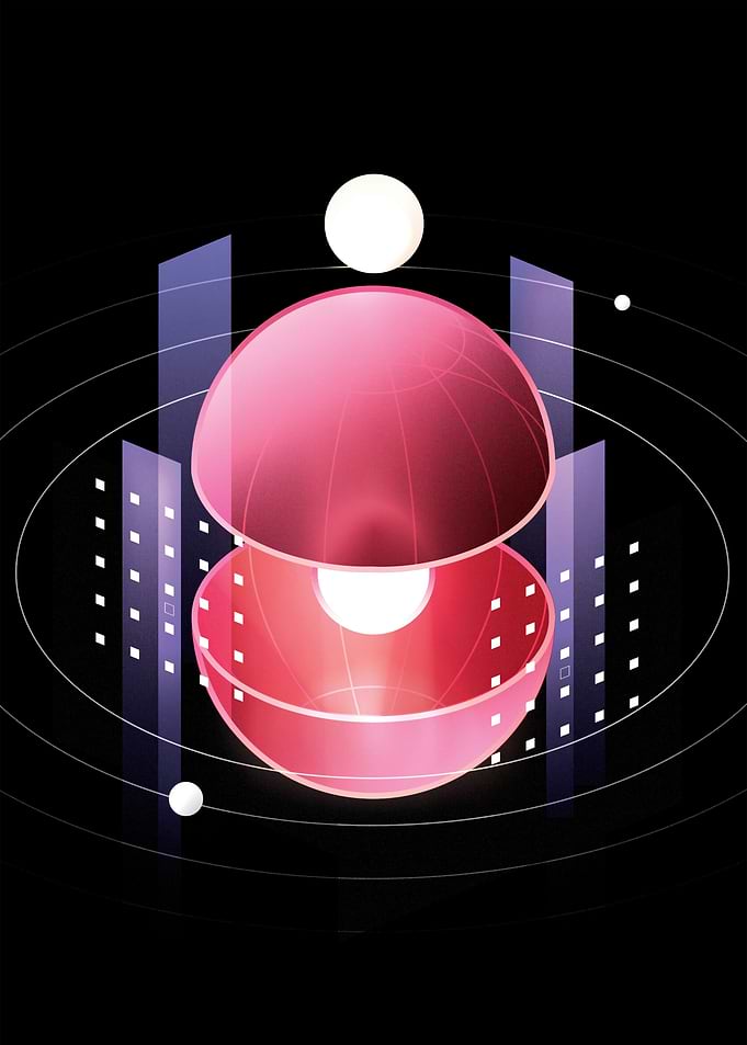 Abstract Geometric Sphere and Cityscape