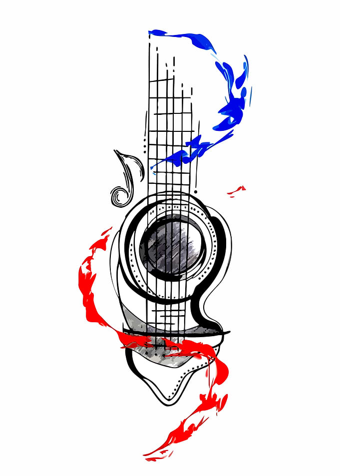 Abstract Guitar with Red and Blue Splashes
