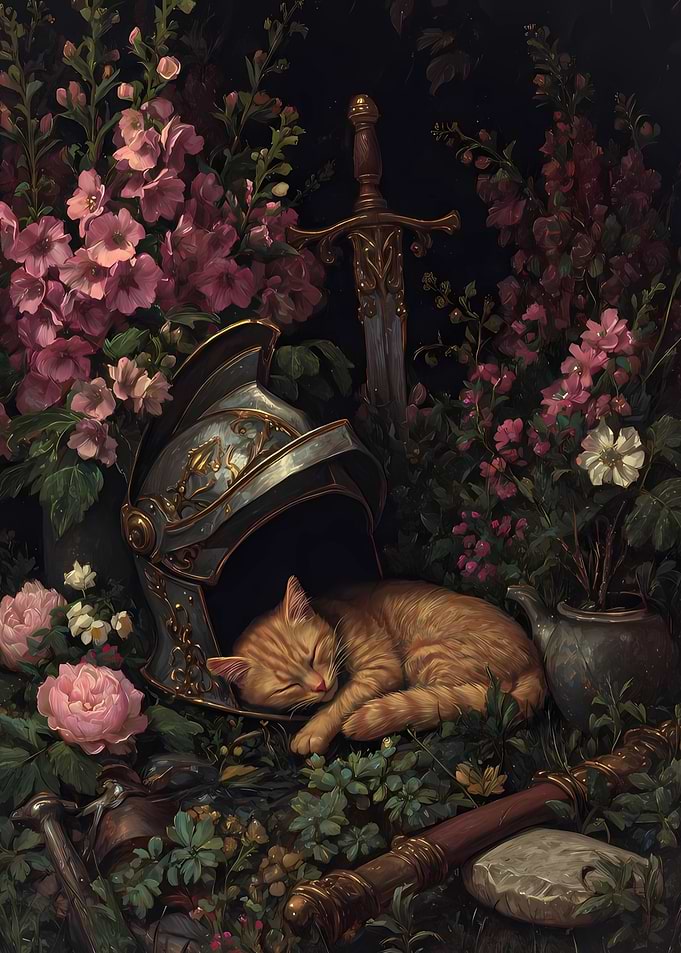 Sleeping Cat in Knight's Helmet