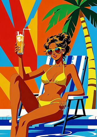 Woman in Bikini with Drink by Pool