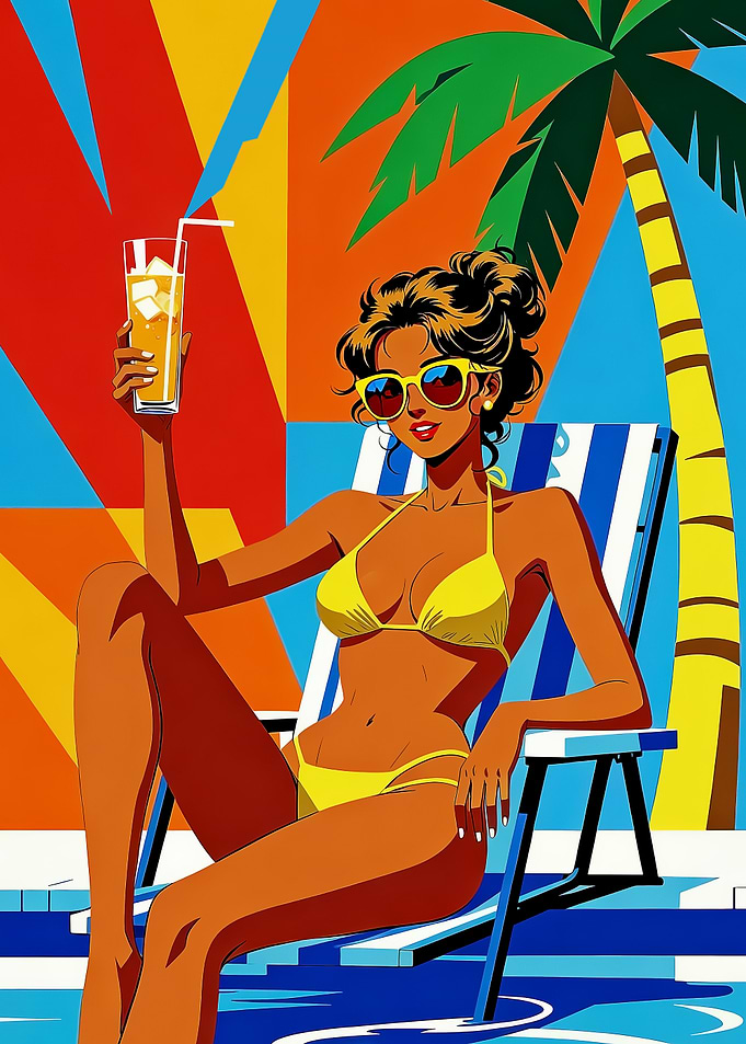 Woman in Bikini with Drink by Pool