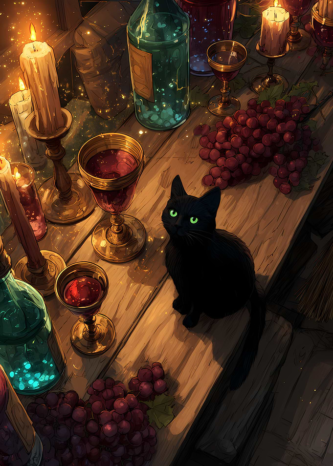 Black cat on a wooden table with wine and grapes