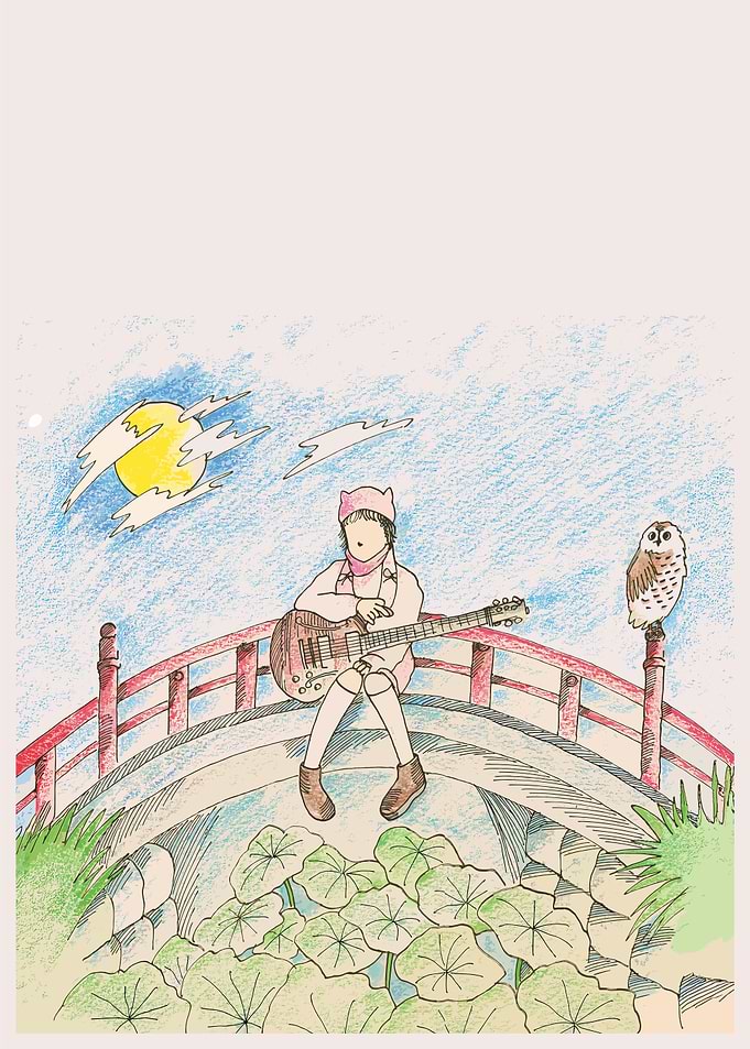 Child playing guitar on a bridge with an owl