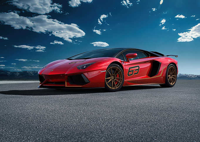 Red Lamborghini Aventador with '63' decal