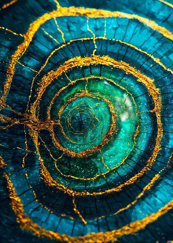 Teal Gold Cracked Tree Rings
