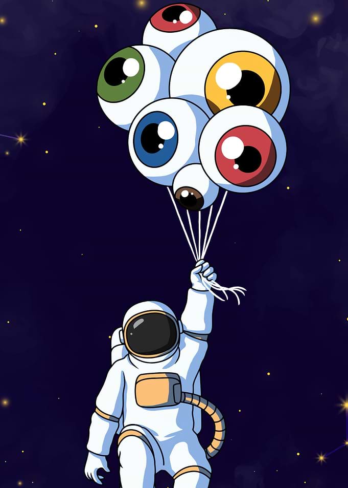 Astronaut holding eyeball balloons in space