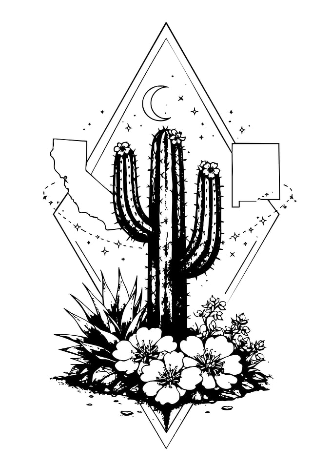 Desert Night Scene with Cactus and State Silhouettes