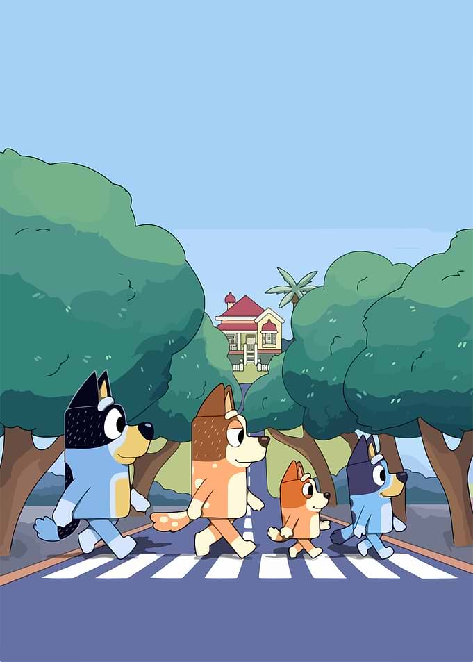 Bluey family crossing the street