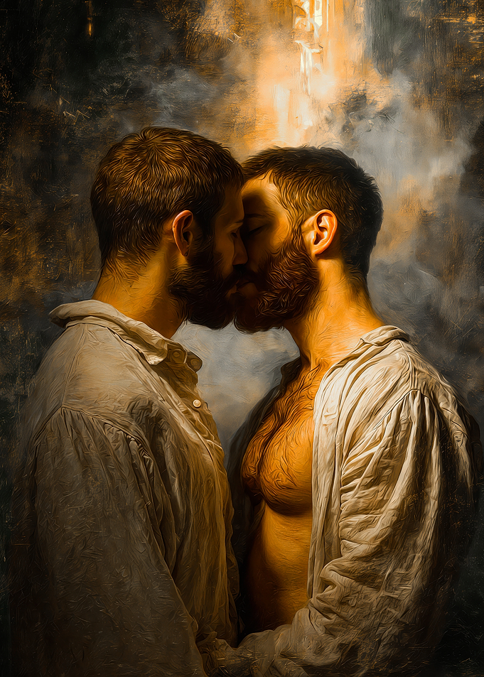Two Bearded Men Romantically Embracing