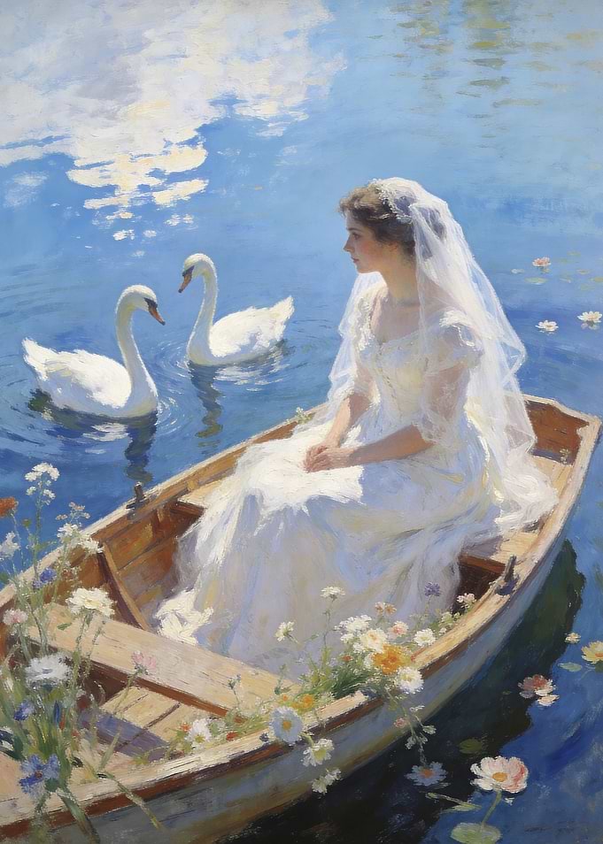 Bride in a rowboat with swans