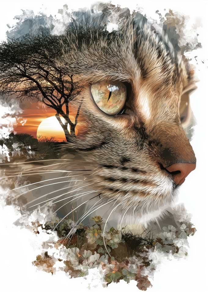 Double Exposure Cat and African Sunset