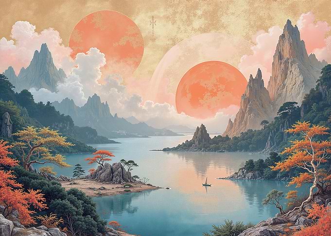 Serene Asian Landscape with Twin Suns
